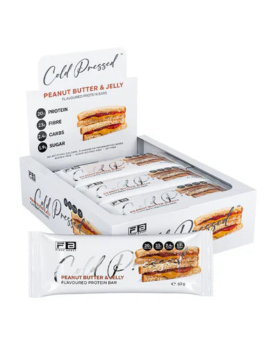 Fibre Boost Protein Bar with cold-pressed peanut butter and jelly flavor, showing the colorful bar packaging and ingredients.