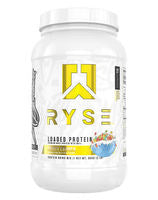 RYSE Up RYSE LOADED PROTEIN supplement jar with label, showing flavor and branding for nutritious protein intake.