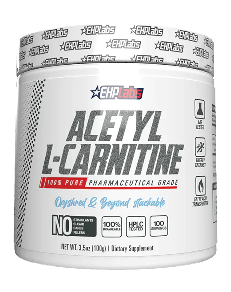 EHP LABS Acetyl L-Carnitine supplement bottle with label and capsules, showcasing the EHP LABS brand and product packaging.