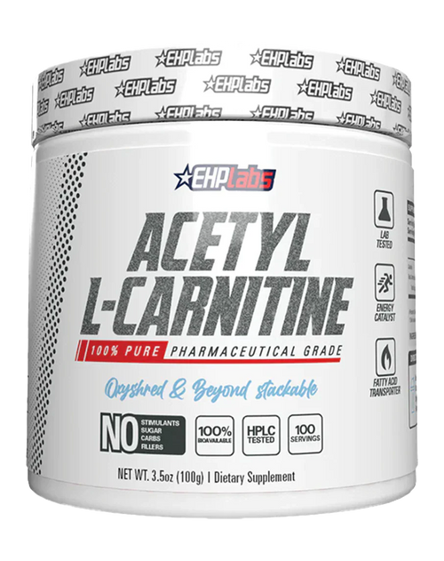 EHP LABS Acetyl L-Carnitine supplement bottle with label and capsules, showcasing the EHP LABS brand and product packaging.