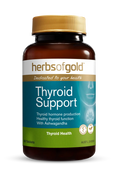 Herbs of Gold Thyroid Support supplement bottle with herbal capsules and label showing thyroid health benefits.