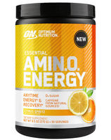 Optimum Nutrition Amin.O. Energy supplement container with label, showcasing the product's branding and packaging design.