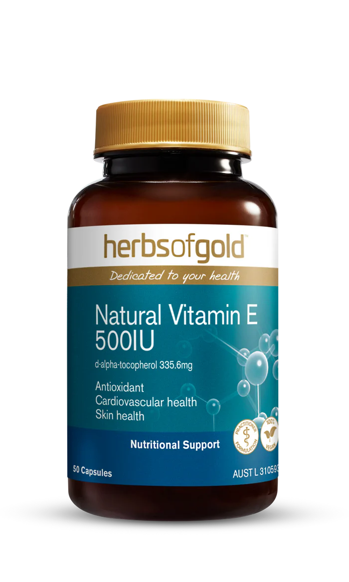 Herbs of Gold Natural Vitamin E 500IU supplement bottle with label showing product details and branding.