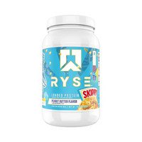 RYSE Loaded Protein supplement from RYSE UP, featuring a black container with the product label and scoop inside.
