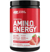 Optimum Nutrition Amin.O. Energy supplement container with colorful label, highlighting energy and amino acids, on a white background.