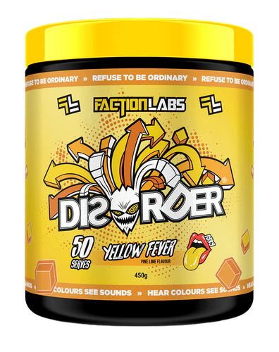 Faction Labs Disorder Original supplement container with label, dietary supplement bottle from Faction Labs on a white background.