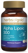 Herbs of Gold Alpha Lipoic 300 supplement bottle with label, featuring the herbal supplement for antioxidant support.