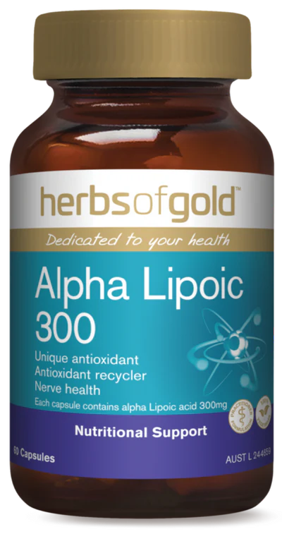 Herbs of Gold Alpha Lipoic 300 supplement bottle with label, featuring the herbal supplement for antioxidant support.