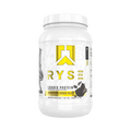 RYSE Loaded Protein supplement container with RYSE UP branding, featuring the product label and nutritional information on the packaging.