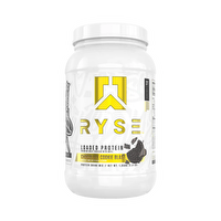 RYSE Loaded Protein supplement container with RYSE UP branding, featuring the product label and nutritional information on the packaging.