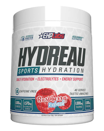 EHP LABS Hydreau supplement container with label showing product name and branding, featuring a sleek design and vibrant colors.