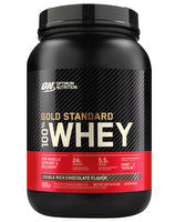 Optimum Nutrition 100% Gold Standard Whey protein powder jar with label and scoop visible.