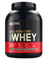 Container of OPTIMUM NUTRATION 100% GOLD STANDARD Whey protein with a label displaying product details and nutrition facts.