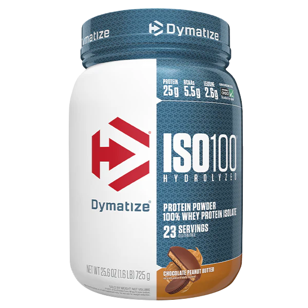 DYMATIZE ISO100 protein powder container with label visible, showcasing the DYMATIZE brand and product name on the packaging