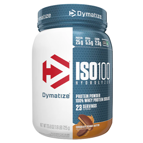 DYMATIZE ISO100 protein powder container with label visible, showcasing the DYMATIZE brand and product name on the packaging