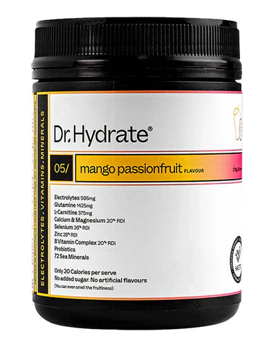 Dr. Hydrate Mango Passionfruit electrolytes jar showing the colorful label and product packaging on a white background.