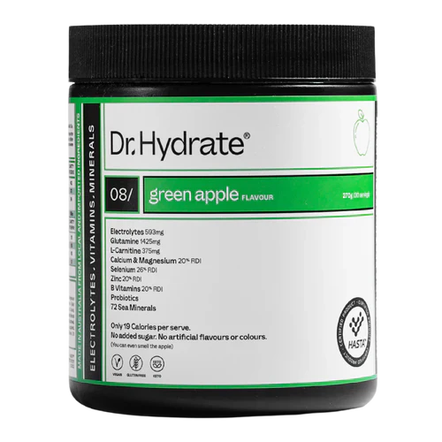 DR HYDRATE Electrolytes powder in green apple flavor, showcasing the vibrant green packaging and powder inside the container.