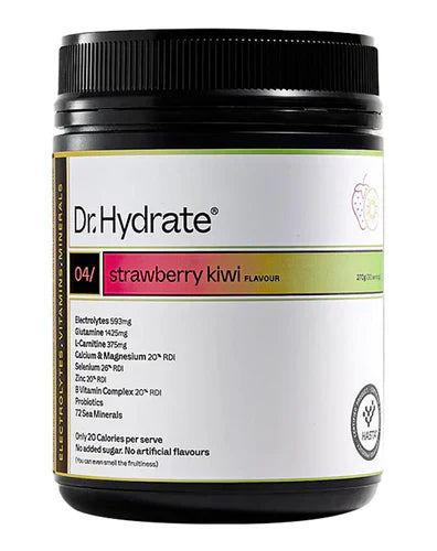 Bottle of DR HYDRATE Electrolytes by DR HYDRATE with strawberry kiwi flavor, featuring a vibrant label and clear plastic container.