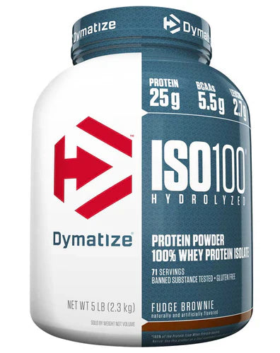 DYMATIZE ISO100 protein powder in fudge brownie flavor, 5lbs container, featuring the DYMATIZE brand label and product scoop.