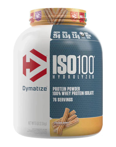 DYMATIZE ISO100 hydrolyzed protein powder in cinnamon churro flavor, 5 lbs container, with the product label visible.