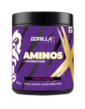 Gorilla X Labs Aminos + Hydration supplement container with label, featuring vibrant branding and product details.