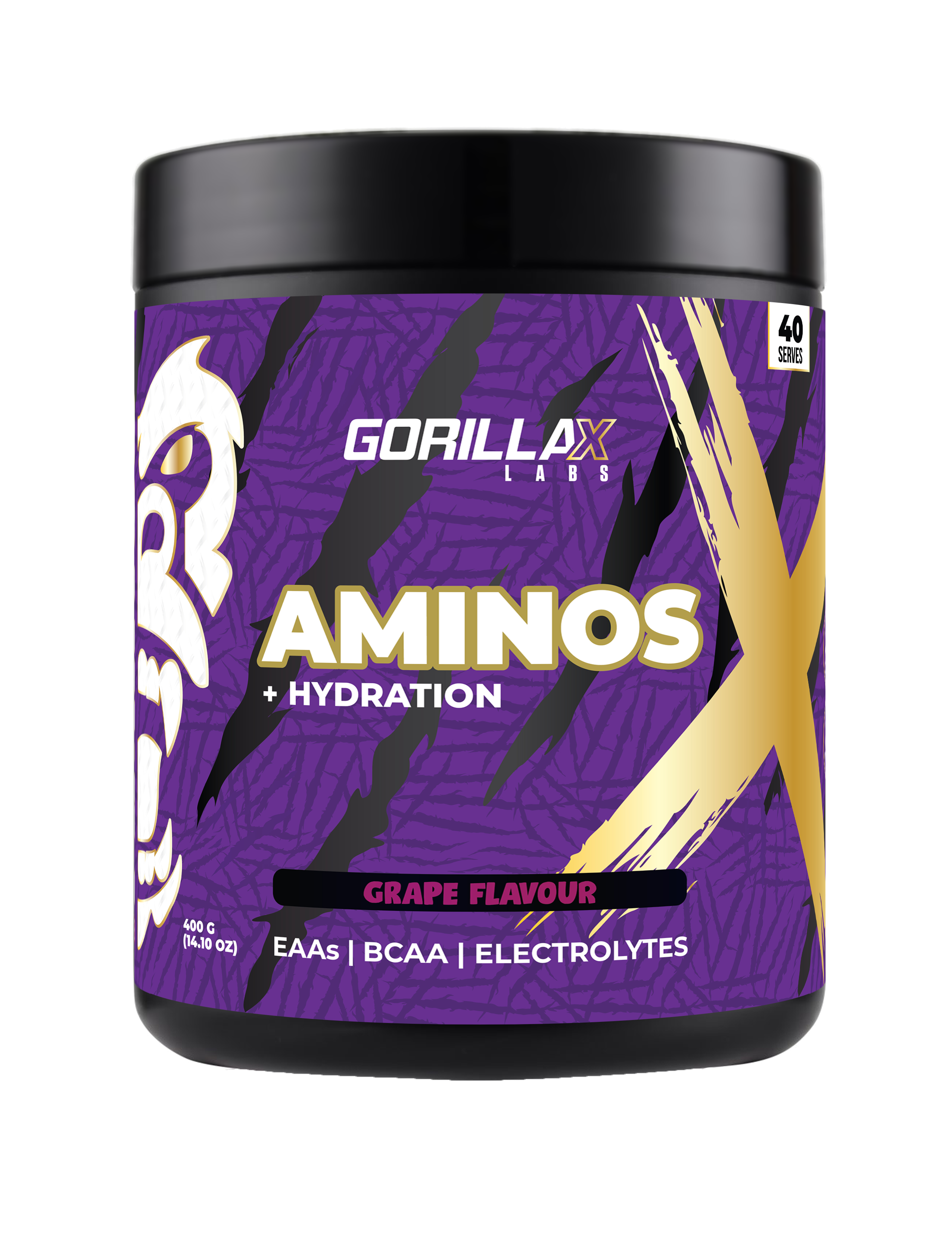 Gorilla X Labs Aminos + Hydration supplement container with label, featuring vibrant branding and product details.