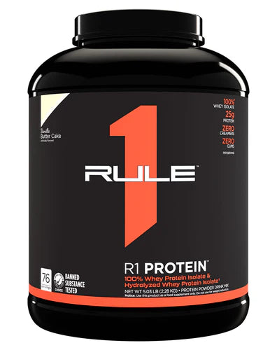 Container of RULE 1 PROTEIN ISOLATE powder with a label featuring the RULE1 brand logo and product details.