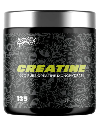 ZOMBIE LABS Creatine Monohydrate supplement in a labeled container, designed for muscle building and athletic performance.