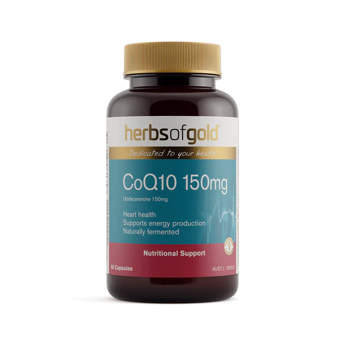 Herbs of Gold CoQ10 150mg supplement bottle with label and capsules, showcasing the herbal supplement for energy support.