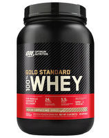 Optimum Nutrition 100% Gold Standard Whey protein powder jar with black and gold label and scoop inside.