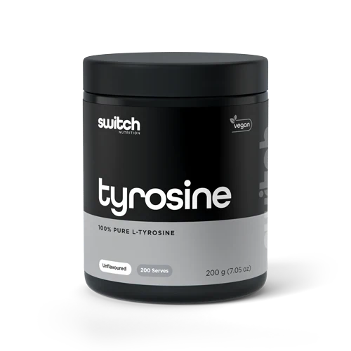 Switch Nutrition Tyrosine supplement bottle with label featuring blue and white design, showing the product name and branding.