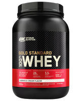 Optimum Nutrition 100% Gold Standard Whey protein powder tub with label and scoop, showcasing the supplement packaging.