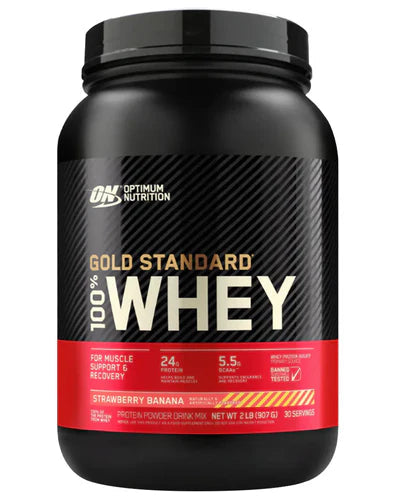 Optimum Nutrition 100% Gold Standard Whey protein powder container with label and scoop in front.