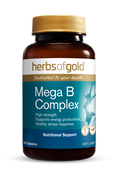 Herbs of Gold Mega B Complex supplement bottle with colorful label, featuring B vitamins and herbal ingredients.
