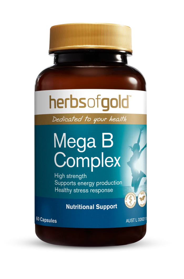 Herbs of Gold Mega B Complex supplement bottle with colorful label, featuring B vitamins and herbal ingredients.