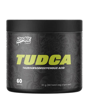 Zombie Labs Tudca supplement bottle with label and cap, showcasing the ZOMBIE LABS branding and product details.