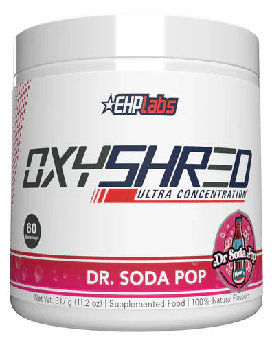 EHP LABS OXYSHRED supplement bottle with a soda pop flavor label, displaying the EHP LABS logo and vibrant packaging.