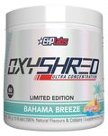 EHP LABS OxyShred supplement container with Bahama Breeze flavor, showing the product label and vibrant branding.