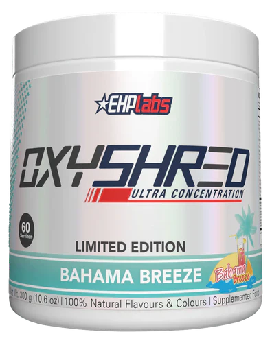 EHP LABS OxyShred supplement container with Bahama Breeze flavor, showing the product label and vibrant branding.