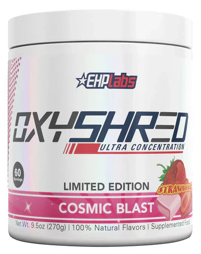EHP LABS OXYSHRED dietary supplement container with Cosmic Blast flavor, featuring vibrant pink and purple packaging design.