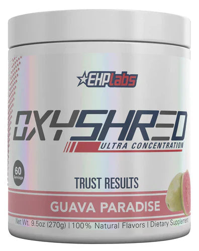 EHP LABS OXYSHRED supplement container with Guava Paradise flavor, showing the colorful label and product details.