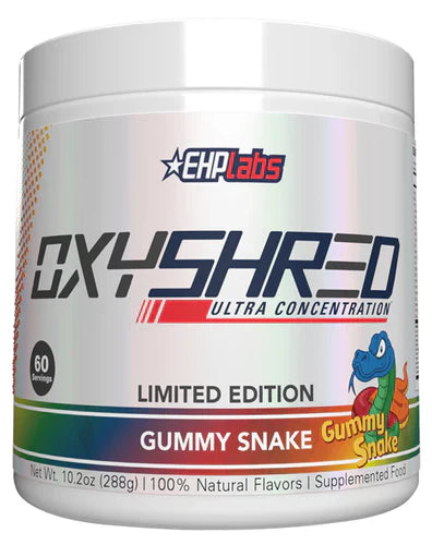 EHP LABS OXYSHRED gummy supplement in snake flavor, 60 servings, with colorful gummy candies and packaging visible.
