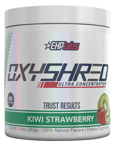 EHP LABS OXYSHRED dietary supplement in kiwi strawberry flavor, showcasing the container with the product label.