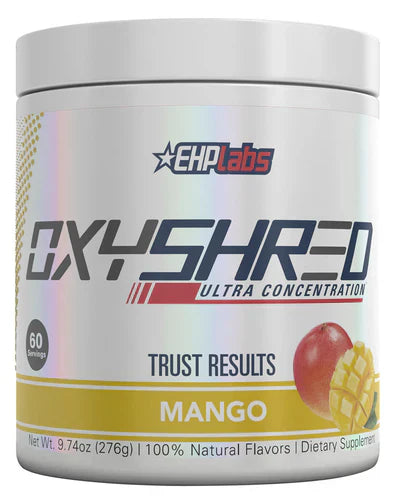 EHP LABS OXYSHRED mango flavored fat burner supplement container with 60 servings, featuring vibrant mango imagery.