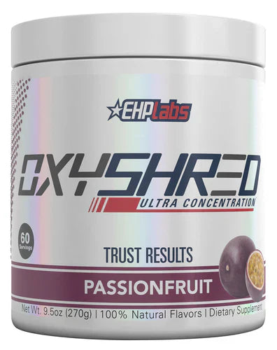 EHP LABS OXYSHRED Passionfruit flavor dietary supplement container with 60 serves, featuring vibrant passionfruit graphics.