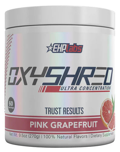 EHP LABS OXYSHRED pink grapefruit flavored fat burner supplement in a container with vibrant pink and white packaging.