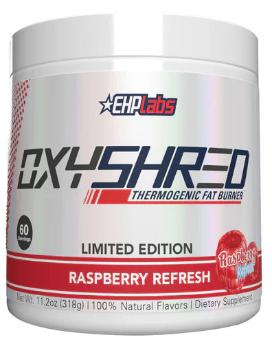 EHP LABS OxyShred raspberry-flavored fat burner supplement with 60 servings, featuring a vibrant raspberry refresh flavor.