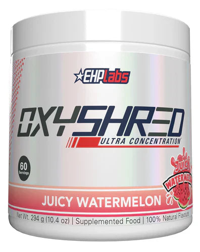 EHP LABS OXYSHRED Juicy Watermelon energy supplement container with label, showing the branding and product flavor.