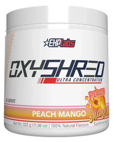 EHP LABS OXYSHRED Peach Mango flavor in a supplement container with a vibrant label and fresh peach and mango fruits.