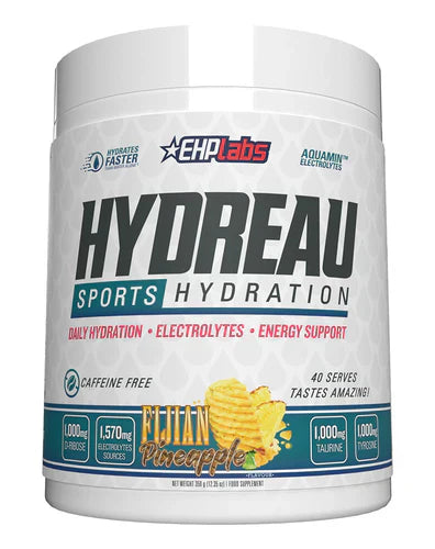 EHP LABS Hydreau supplement container with Fijian Pineapple flavor, front view showing label and product branding.
